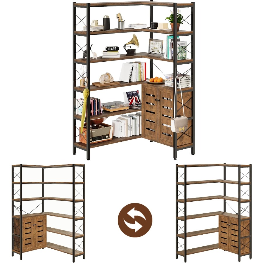 거실용 6단 코너 책장, 금속 프레임에 나무 무늬 마감 - Storage & Organization 리뷰 및 가격